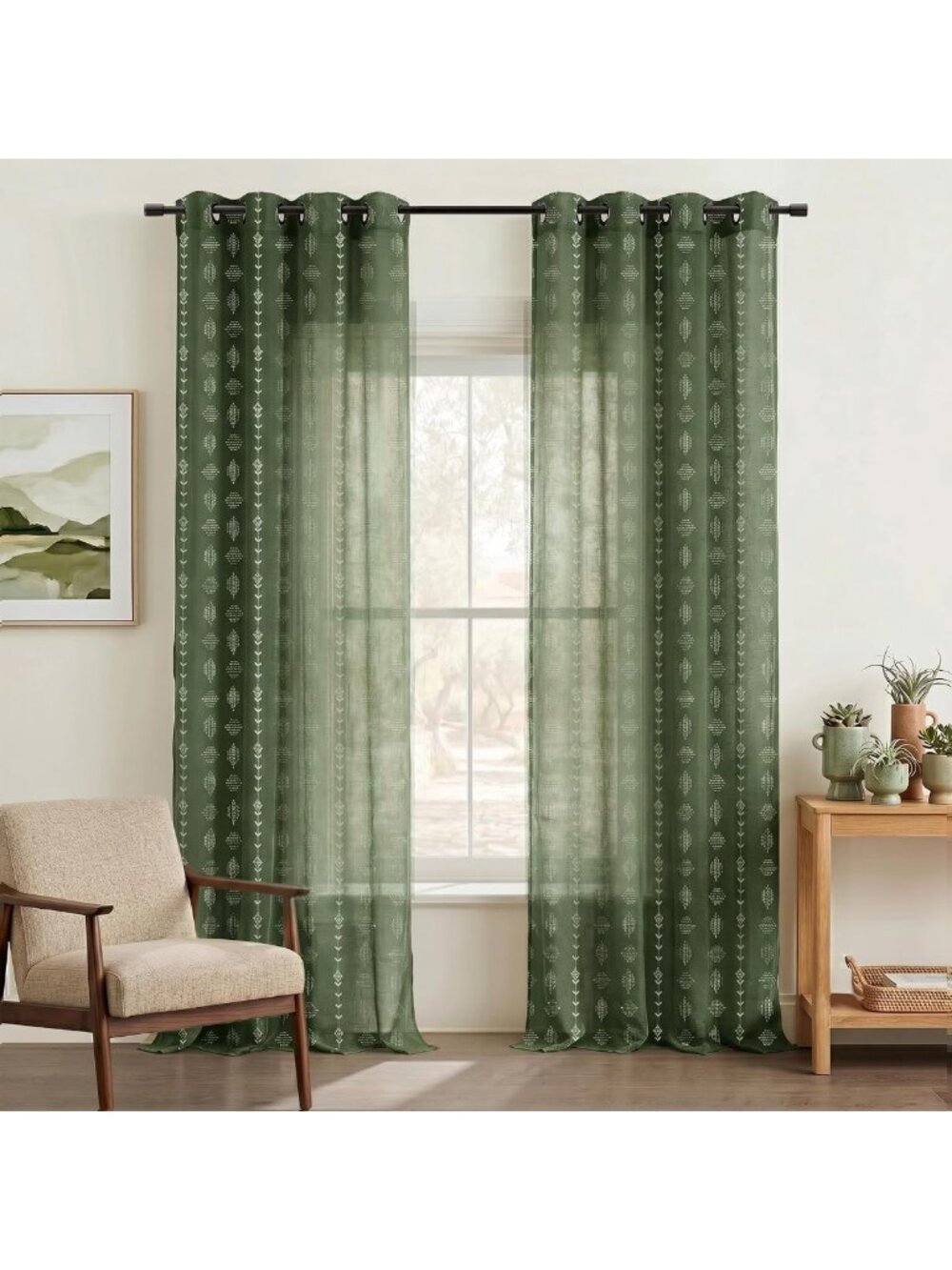 Olive Green Boho Linen Curtains, Semi-Sheer Floral Drapes for Living Room